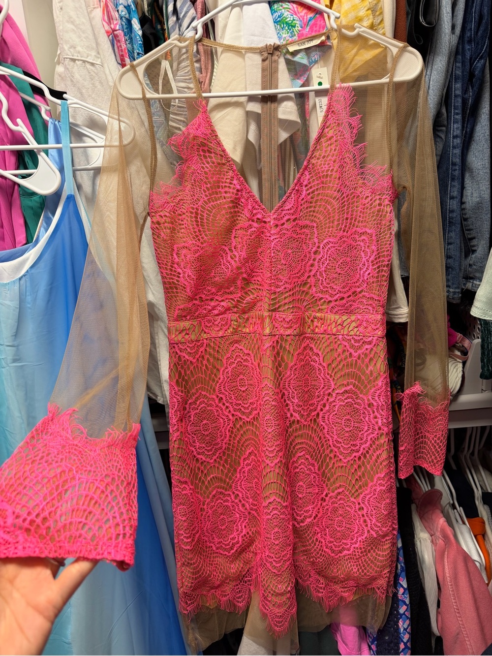 NWT Hot Pink/Almost Coral Lace Overlay Dress with Sheer Long Sleeves